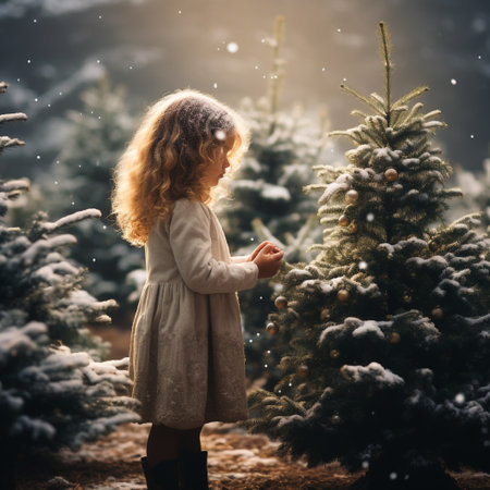Little girl in winter forest with christmas tree and snowflakesの素材