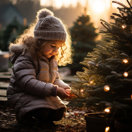 Adorable little girl decorating Christmas tree outdoors at sunset. Cute child having fun on Xmas market. Winter holidays conceptの素材