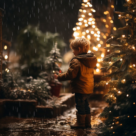 Little boy in warm clothes standing under falling snow and looking at christmas tree.の素材