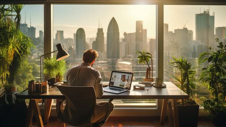 Businessman working on laptop in modern office with panoramic city viewの素材