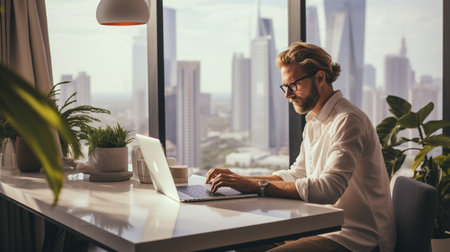 Handsome young man in eyeglasses using laptop while working in officeの素材