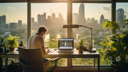 Businessman working on laptop in office with city view from the windowの素材