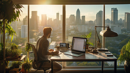 Businesswoman working on laptop at office desk with city view from windowの素材