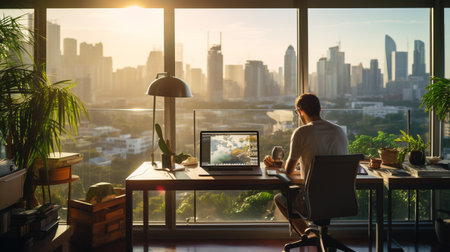 Businessman working on laptop computer in modern office with panoramic city viewの素材
