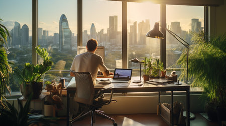 Businessman working on laptop in modern office with panoramic city viewの素材