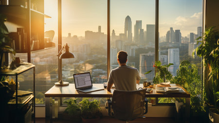 Businessman working on laptop in modern office with big city view.の素材