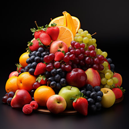 Fruit arrangement on a black background. Healthy food concept. Copy space.の素材
