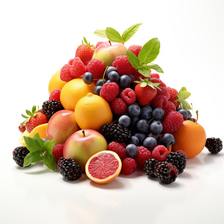 Mix of fresh berries and fruits on white background. Healthy food.の素材