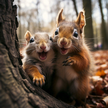 Two squirrels in the autumn forest. Shallow depth of field.の素材