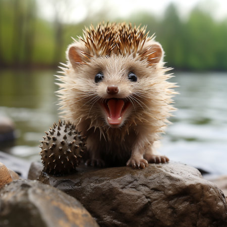 Hedgehog on a rock by the lake in the summer.の素材