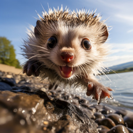 Portrait of an adorable hedgehog on a rock by the lakeの素材