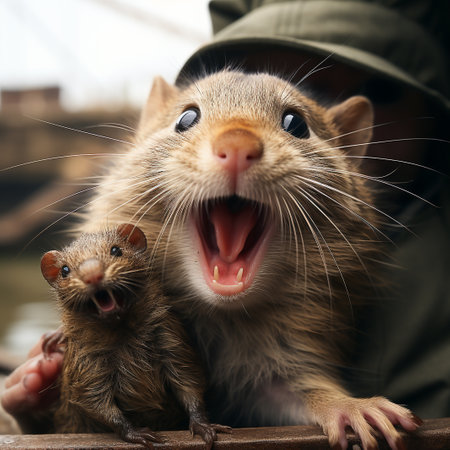 Funny rat in the hands of a man. Portrait of a cute rat.の素材