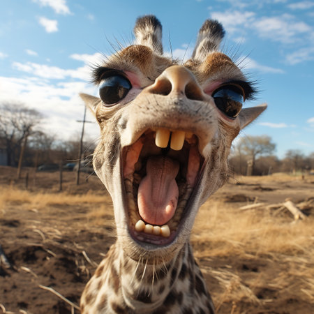 Portrait of a giraffe with wide open mouth and blue eyesの素材