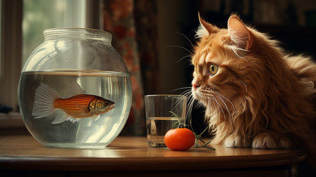 Cute cat and aquarium with fish on wooden table at home.の素材