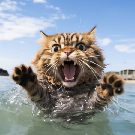 Funny bengal cat swimming in the sea with blue sky backgroundの素材