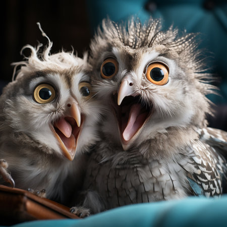 Two owls sitting on a sofa and yawning. Closeup.の素材