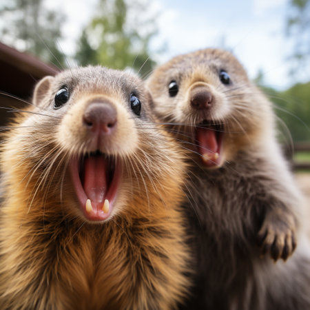 Portrait of a pair of cute ferret with open mouth.の素材