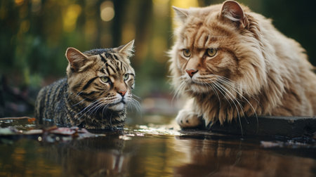 Two cats playing in a puddle on a hot summer day.の素材