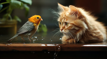 Red cat and a yellow bird in a puddle of water.の素材