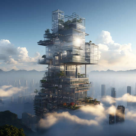Futuristic city in the clouds. 3d rendering illustration.の素材
