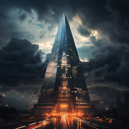 Modern skyscrapers in the city at night. 3d renderingの素材