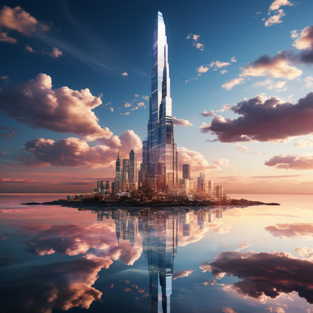 3D render of modern skyscrapers with reflection in water.の素材