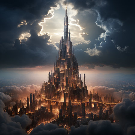 Futuristic city in the clouds. 3d rendering illustration.の素材