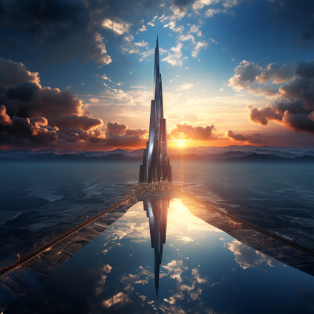 3D rendering of the Skyscraper in the sea at sunsetの素材