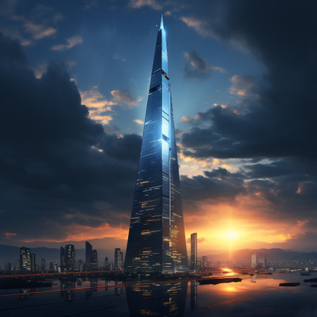 Modern skyscrapers in the city at sunset. 3d renderingの素材