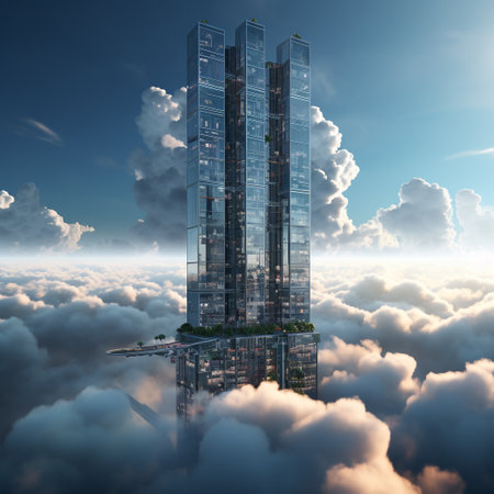 3d render of modern skyscrapers in the sky with cloudsの素材