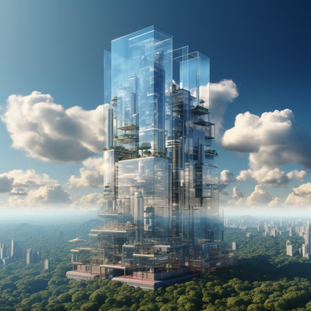 3d render of modern skyscraper with green forest in the backgroundの素材