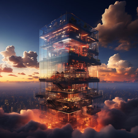 3d render of modern skyscraper in the sky with clouds.の素材