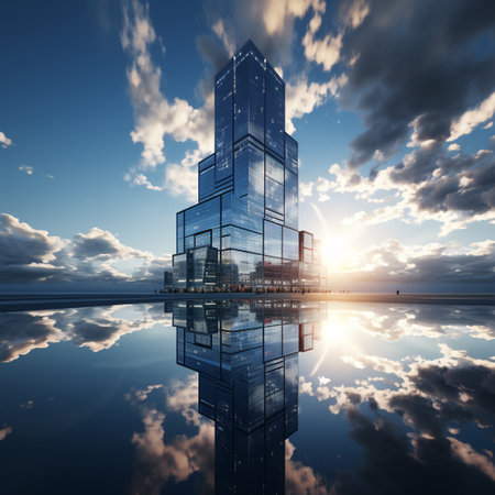3D render of modern skyscraper with reflection on water surface.の素材