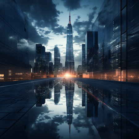 night scene of modern city with skyscrapers in shanghaiの素材