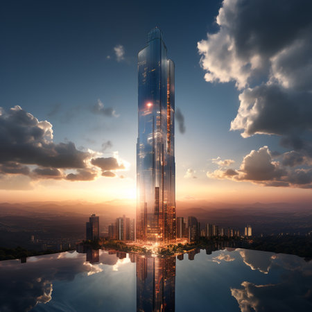 modern skyscrapers at sunset with reflection in water, 3d renderの素材