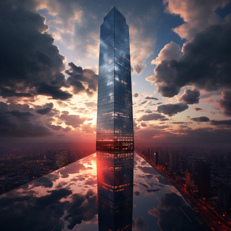 Modern skyscrapers in the city at sunset. 3D renderingの素材
