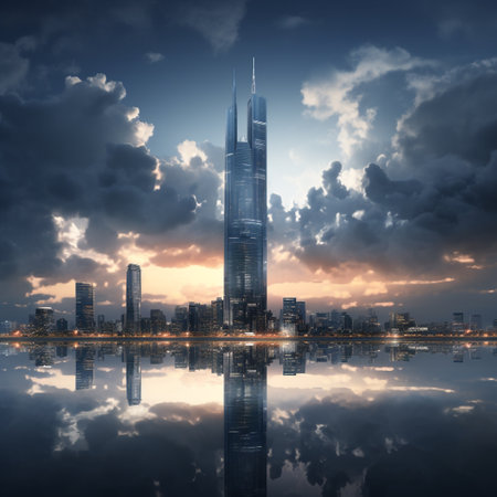 modern skyscrapers on the background of the lake and cloudy skyの素材