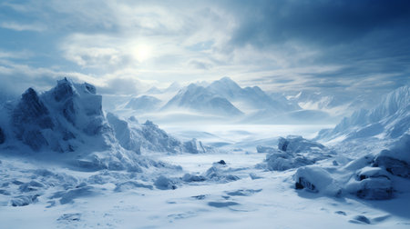 Beautiful winter landscape with snow and mountains. 3d rendering.の素材