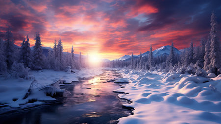 Fantastic winter landscape with snow covered trees and river at sunsetの素材