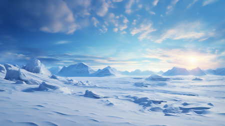 Beautiful winter landscape. Snowy mountains and blue sky. 3d renderingの素材