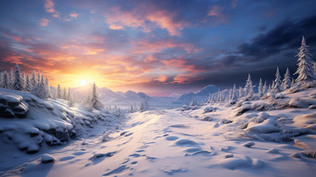 Beautiful winter landscape. Sunrise in the mountains. Panorama.の素材