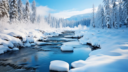 Frozen mountain river in winter forest. Beautiful winter landscape with frozen river.の素材