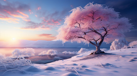 Beautiful winter landscape with frozen tree and lake at sunset. 3d renderingの素材