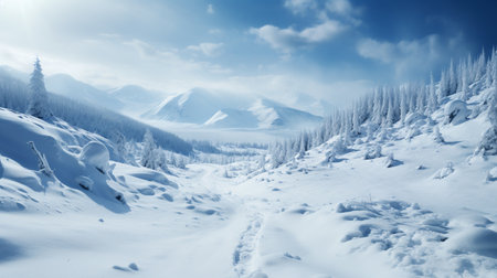 Winter mountain landscape with snow covered trees and blue sky. Panoramaの素材
