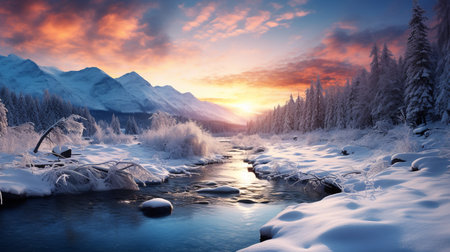 Fantastic winter landscape. Dramatic sunset over mountain river. Carpathian, Ukraine, Europe. Beauty world.の素材
