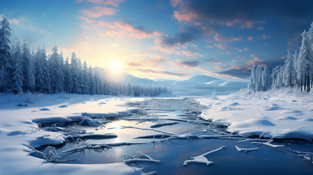 Frozen river in the winter forest at sunset. 3d renderingの素材