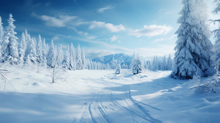 Winter landscape with snow covered fir trees and road. Blue tonedの素材