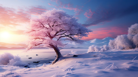 Fantasy winter landscape with snowy tree and lake at sunset. 3d renderingの素材