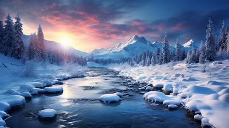 Fantastic winter landscape with snow covered trees and mountain river at sunsetの素材