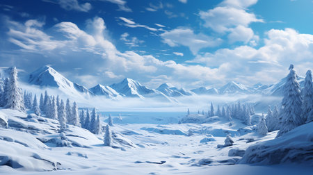 Fantasy winter landscape with snowy mountains and lake. 3d renderingの素材